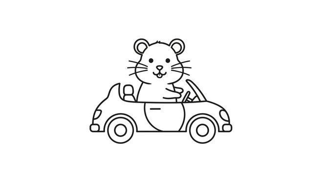 Cute Hamster Driving a Car, Cartoon Style, Outline Illustration