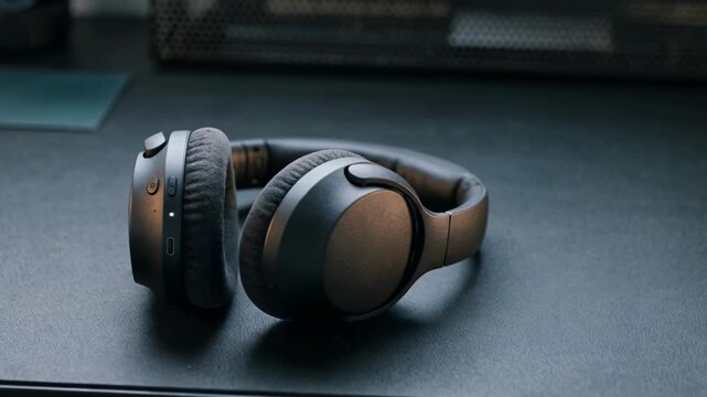 Black over‑ear wireless headphones on a dark desk in soft window light, with cushioned earcups, USB‑C port and minimal design, visuals for music, gaming, podcasts and remote work.