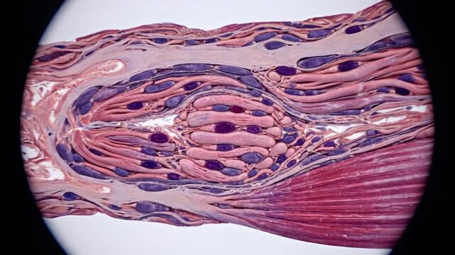 Microscopic view of skeletal muscle fibers and connective tissue.