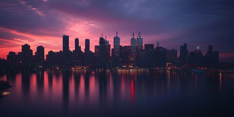 Obraz premium Dramatic Cityscape Silhouette at Sunset Reflecting on Water.