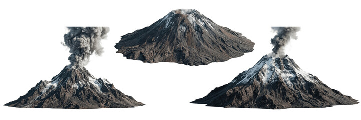 Erupting volcanic mountains with smoke and ash clouds, dramatic active volcano landscape collection showing power of nature, geology and extreme environments   © Maya