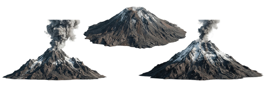 Erupting volcanic mountains with smoke and ash clouds, dramatic active volcano landscape collection showing power of nature, geology and extreme environments

