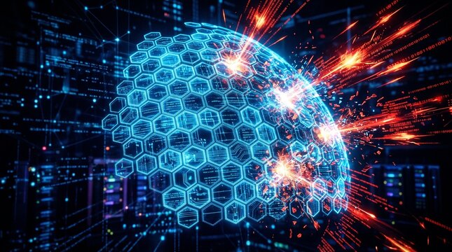 Futuristic glowing blue hemisphere with hexagons and binary code explosion