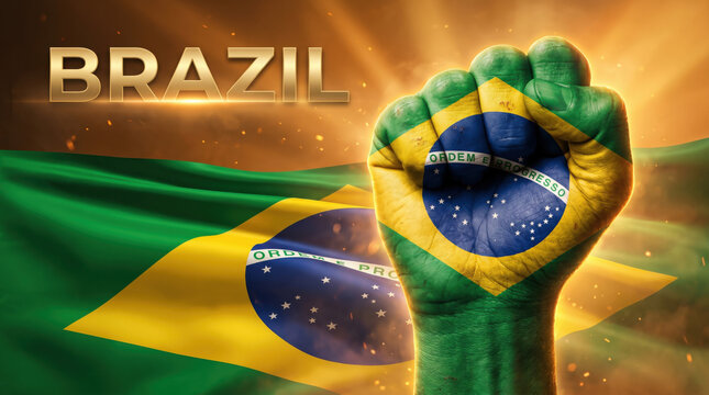 Football World Cup 2026 Brazil themed banner with clenched fist in national colors and waving flag, dynamic sports concept highlighting pride and determination