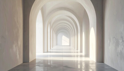 Fototapeta premium Architectural perspective of arched corridor with sunlight and shadows