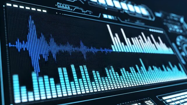Futuristic digital audio interface displaying blue waveform and dynamic bar spectrum visualization on a high-tech HUD dashboard, representing sound analysis and signal monitoring