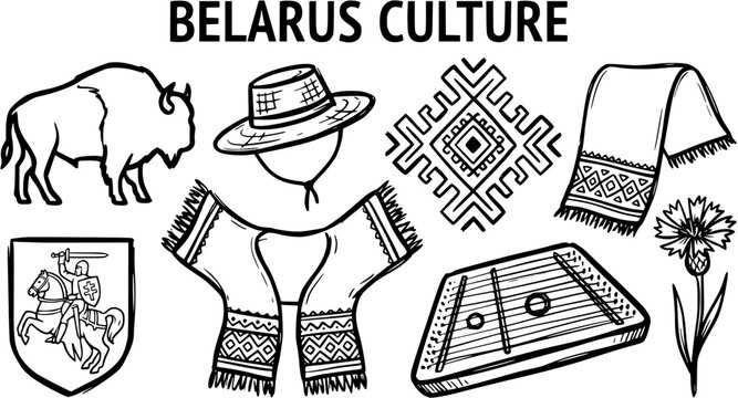 Belarusian Culture Symbols and Traditional Elements Black Line Art Doodle Set. Outline Illustrations of Belarus Heritage and National Identity.