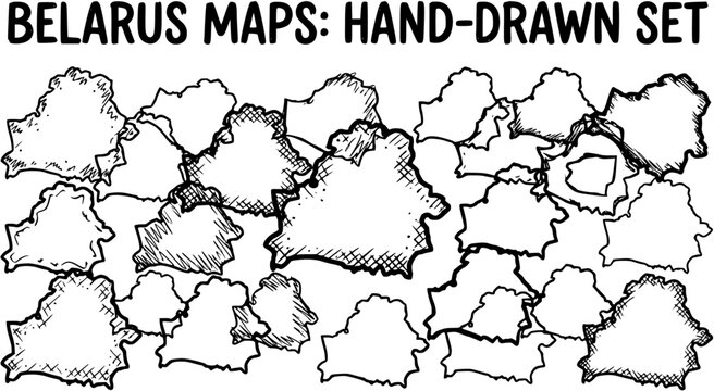 Hand-Drawn Belarus Maps Set. Black and White Sketchy Geographic Outlines of the Country. Ideal for Education, Travel, and Creative Design Projects.