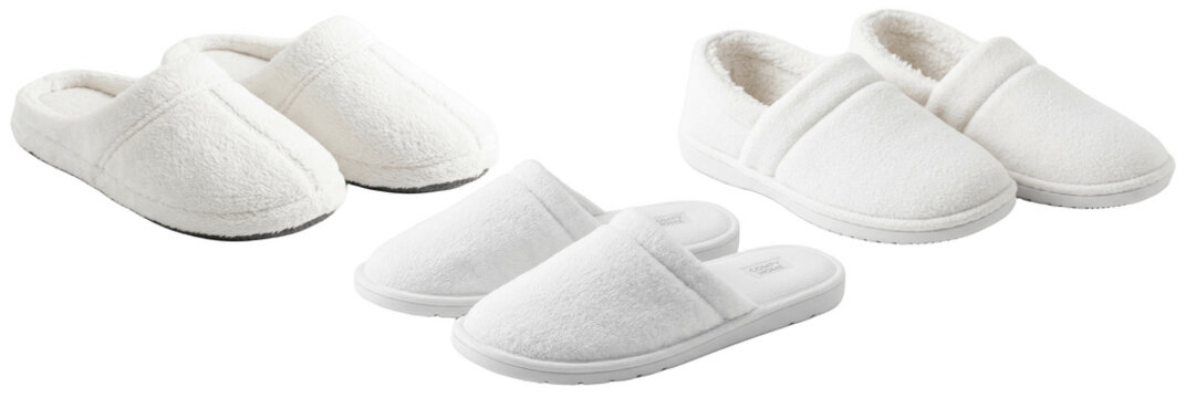 Cozy white spa slippers collection on white background, soft terry fabric house shoes for hotel, bathroom, guest room, pampering self care and everyday relaxation

