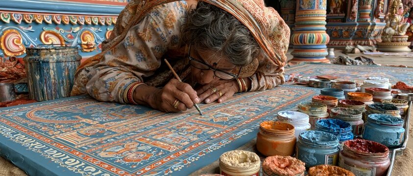 The artist hand-paints a detailed picture that serves as the perfect backdrop for articles on cultural heritage.