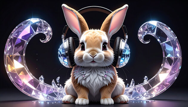 Cute rabbit wearing headphones and sitting on shiny crystal curved shapes