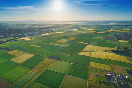  Aerial view on the field during sunset. Landscape from drone. Agricultural landscape from air.