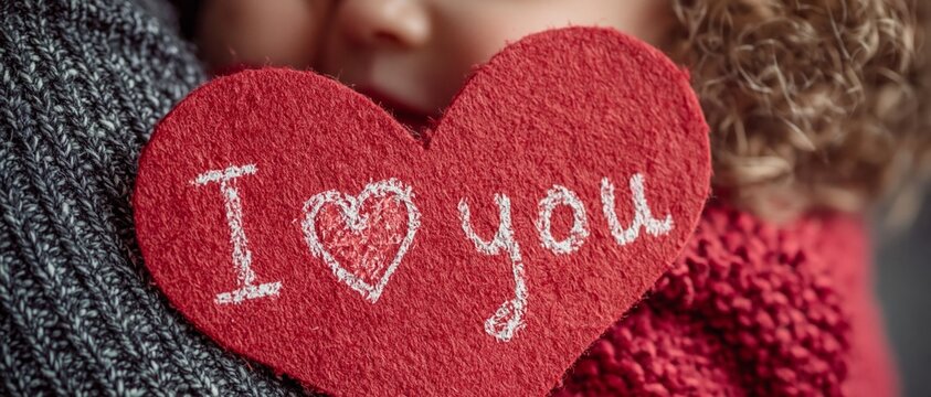 A child is holding a red felt heart with the words &lsquo;I love you&rsquo; on it, providing a touching backdrop for themes of love and family values.
