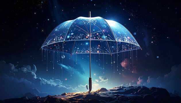 Fantasy umbrella in space with stars and clouds