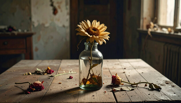 Single wilted flower in glass vase on old wooden table with petals