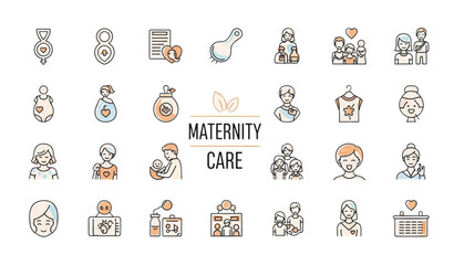 Obraz premium Modern maternity and childcare outline icon collection vector design