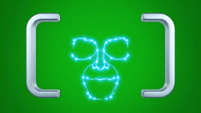 Digital glowing blue monkey face outline with metallic square brackets on a vibrant green background.