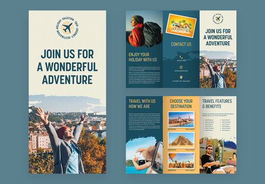 Travel Trifold Brochure Layout with Blue and Orange Accents
