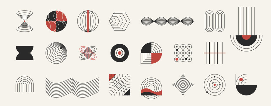 Curated collection of twenty four abstract minimalist linear geometric shapes and red accented icons arranged on an off white grid