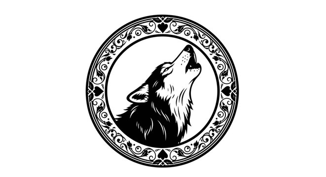 Wolf howling in circular frame.