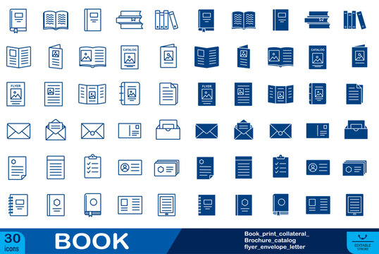 A simple outline concept icon set of reading book icons, readers, education, learning, study, book reading symbols  stock vector image, editable line style and solid.