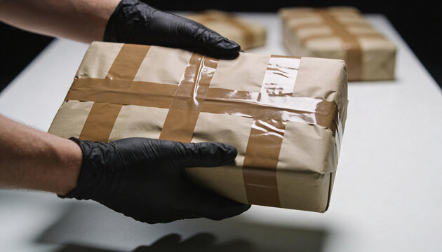 Suspicious package wrapped in brown paper held by gloved hands, crime and illegal delivery concept. 