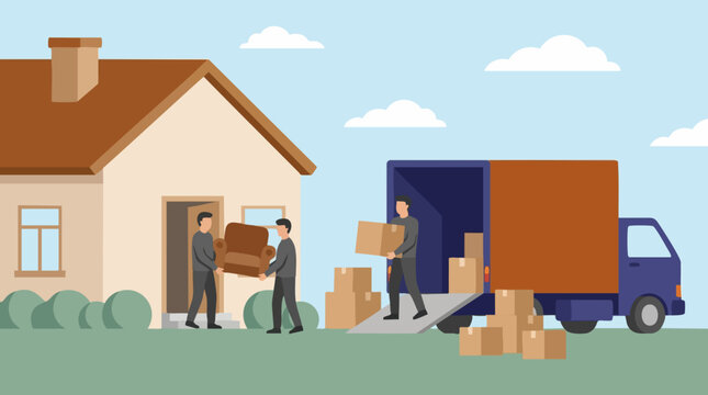 Residential moving service: men loading boxes and furniture into a moving truck