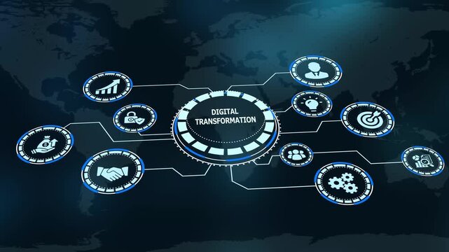 Modern digital transformation and technological modernization concept with connected hud icons on world map background