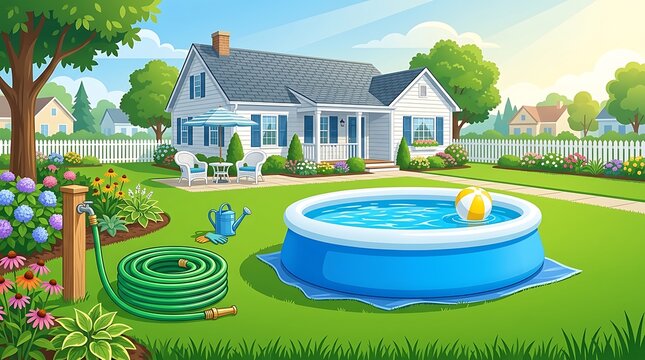 Suburban backyard dream with bright blue inflatable pool vector