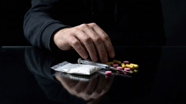 Drug addiction concept with hand, syringe, pills and powder on dark reflective table. 