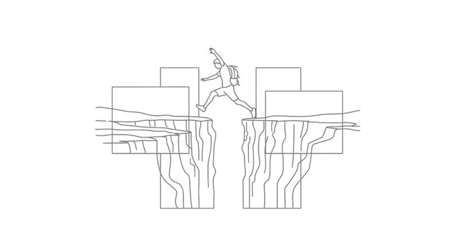 Person jumping across a chasm, symbolizing overcoming challenges and reaching goals.