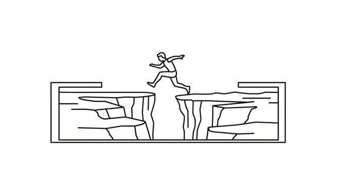 Person jumping across a wide chasm, symbolizing risk, challenge, and overcoming obstacles.