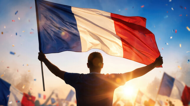 Football supporter raising France national flag during live championship celebration, Football World Cup 2026 sports background highlighting victory spirit and energyOpened ingredient