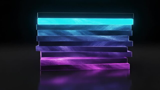 Futuristic stacked glowing glass slabs forming a reflective layered cube with cyan and magenta neon illumination, an abstract 3D geometric composition on a dark background