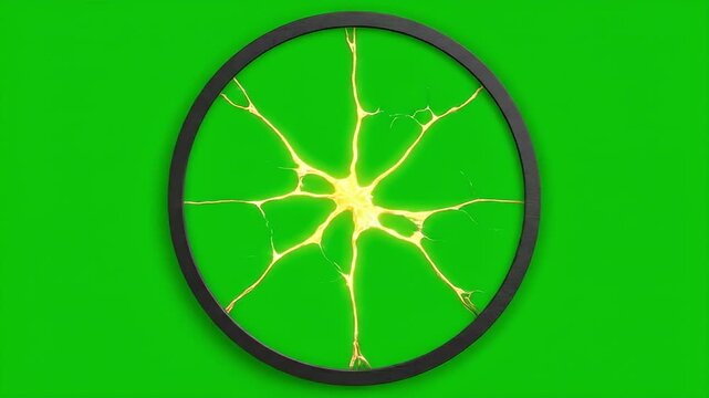 A vibrant yellow energy burst or lightning-like crack pattern radiating from the center of a dark-rimmed circle against a bright green screen background.