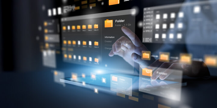 Digital File Management Interface with Virtual Folders and Storage Structure.