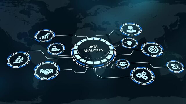 Big data analytics and digital information processing concept with corporate hud graph icons on world map background