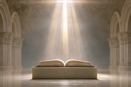 Open ancient book resting on stone pedestal under dramatic heavenly light in stone hall