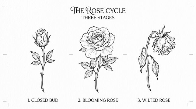 Rose Tattoo Flash Sheet with Three Variations &ndash; Bud, Blooming and Wilted Flower Designs, Fine Line Black Ink Stencil Vector Illustration, Elegant Minimal Tattoo Design Template