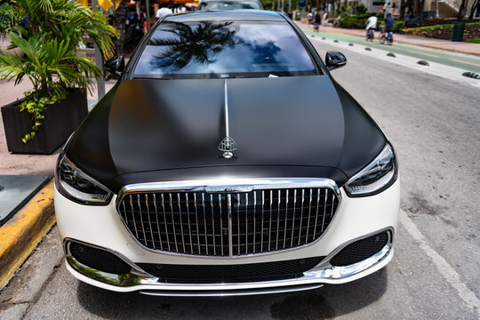Miami, Florida, USA - May 11, 2025: Mercedes Maybach S 2021 luxury car. Luxury Mercedes Benz Maybach. Car Mercedes Maybach S parked outdoor. Black and white car, front view.