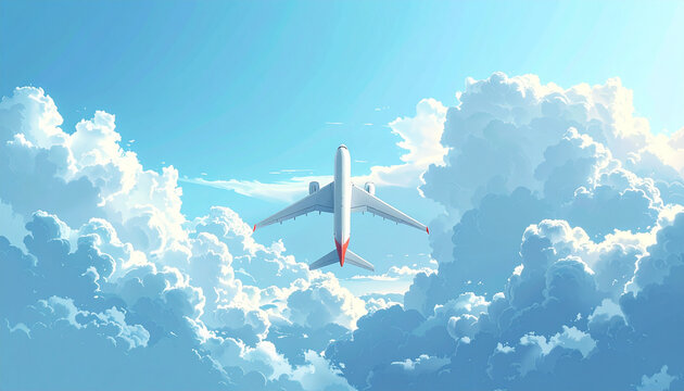 Airplane flying through fluffy white clouds in blue sky
