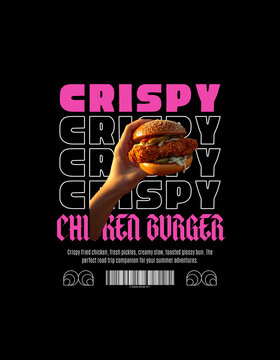 Streetwear Crispy Burger Typography Graphic T-Shirt Design