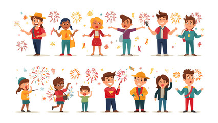 Fototapeta premium Celebration Time: A vibrant collection of diverse children enjoying fireworks, sparklers, and confetti in a joyful outdoor celebration. Capturing the spirit of fun and festivity.