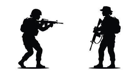 Fototapeta premium Two soldiers with rifles facing each other black silhouette on a white background