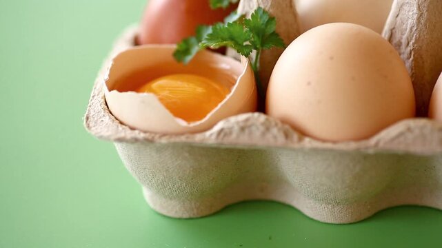 Raw eggs in carton with baking tools and herbs composition