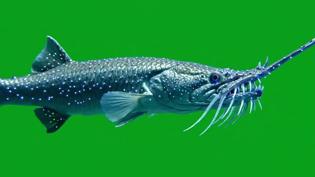 Close-up of a unique deep-sea fish with a long, pointed snout and numerous barbels, covered in white spots, swimming against a vibrant green background.