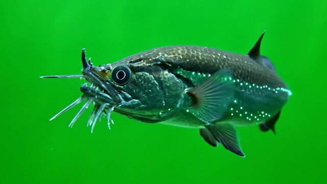 A close-up shot of a unique freshwater fish with long barbels and large eyes swimming in a vibrant green aquatic environment.