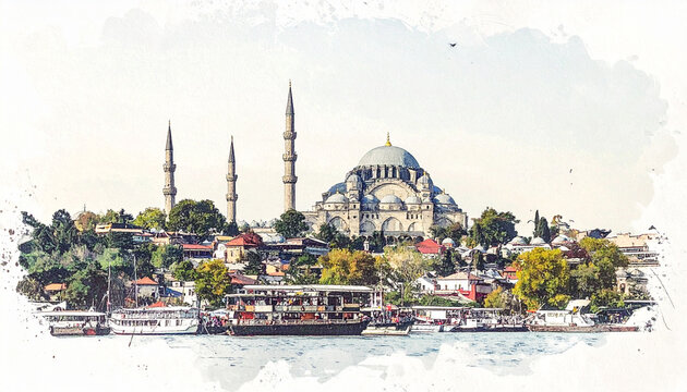 Cityscape watercolor painting mosque boats