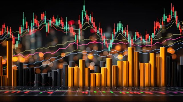 Abstract business Financial charts show a significant increase in profits in the stock market.This is driven by higher interest rates and continued growth. In the innovation world network of financial