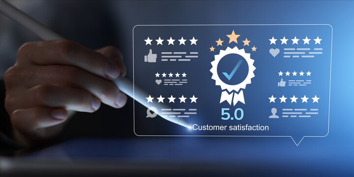 Five Star Customer Satisfaction Concept Displaying Reviews Ratings And Quality Score.